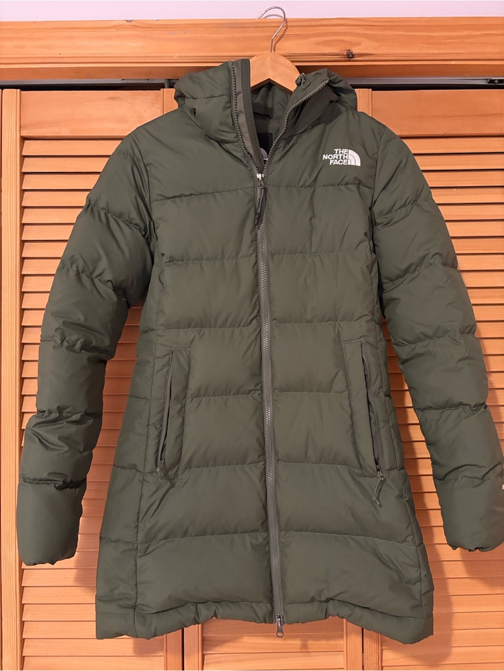 The North Face Olive Green Women's Down Puffer Coat with Hood